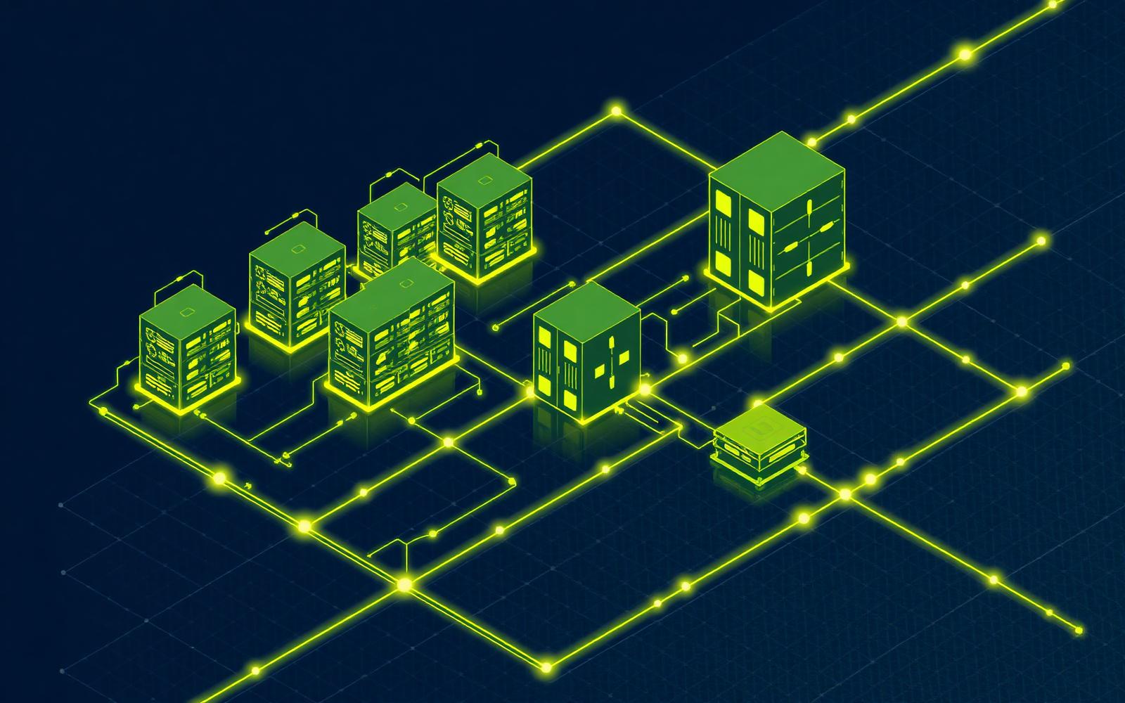 Isometric illustration of independent hosting nodes connected across separate networks